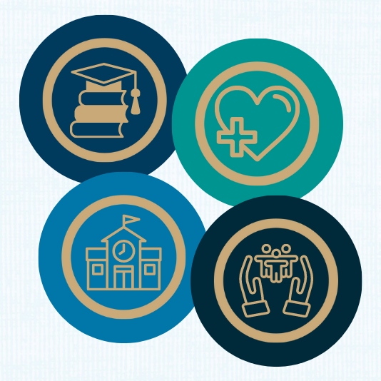  Graphic including a heart with a plus sign, school building, Graduation cap and hands holding peopl